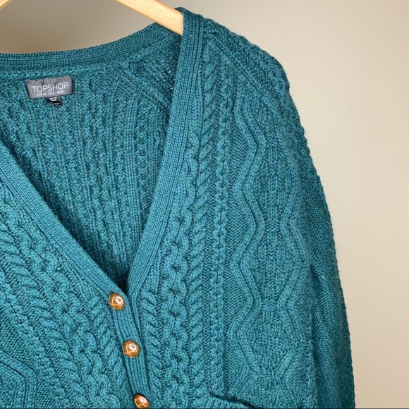 Topshop Green Cable Knit Button Up Cardigan V-Neck Sweater - Picture 8 of 9
